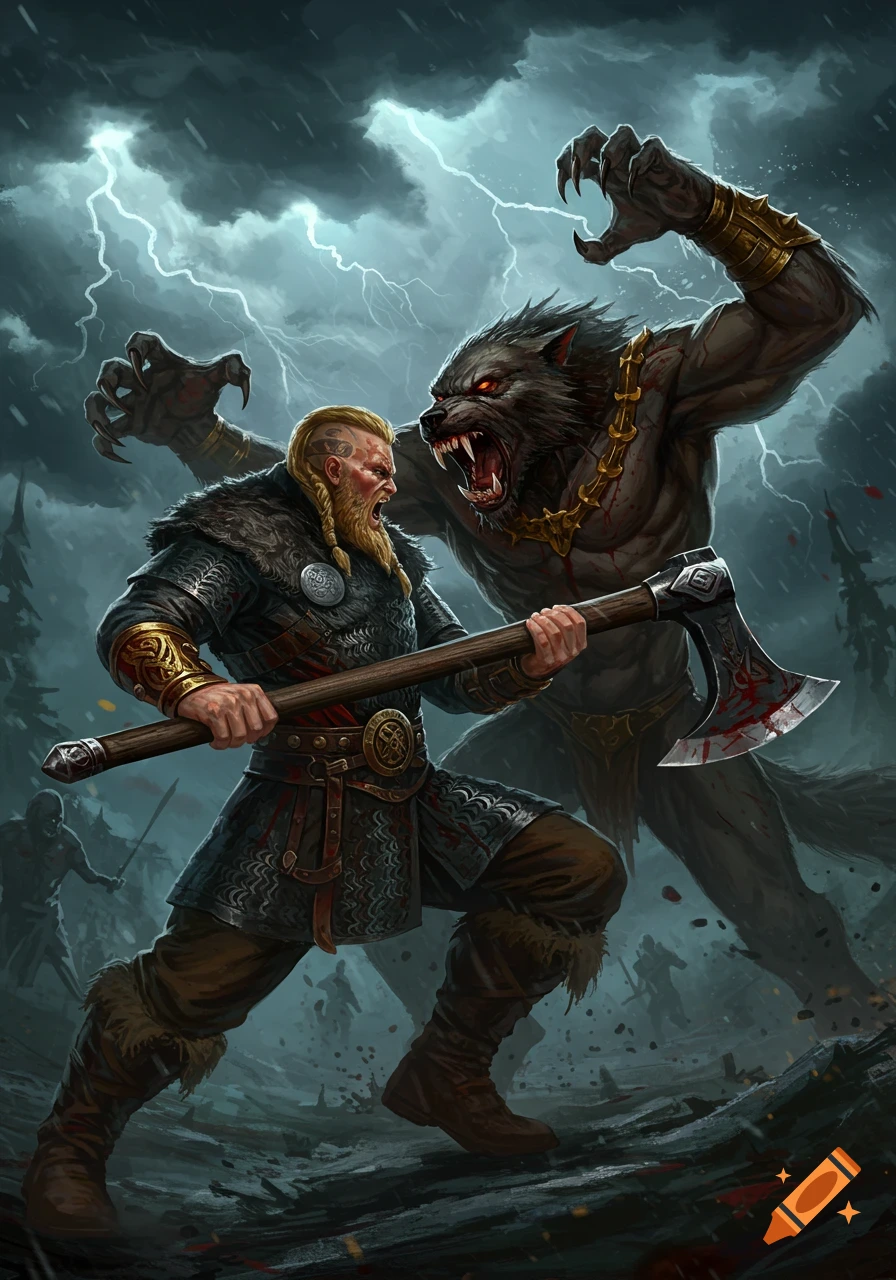 A Viking warrior battles a werewolf during a lightning storm.