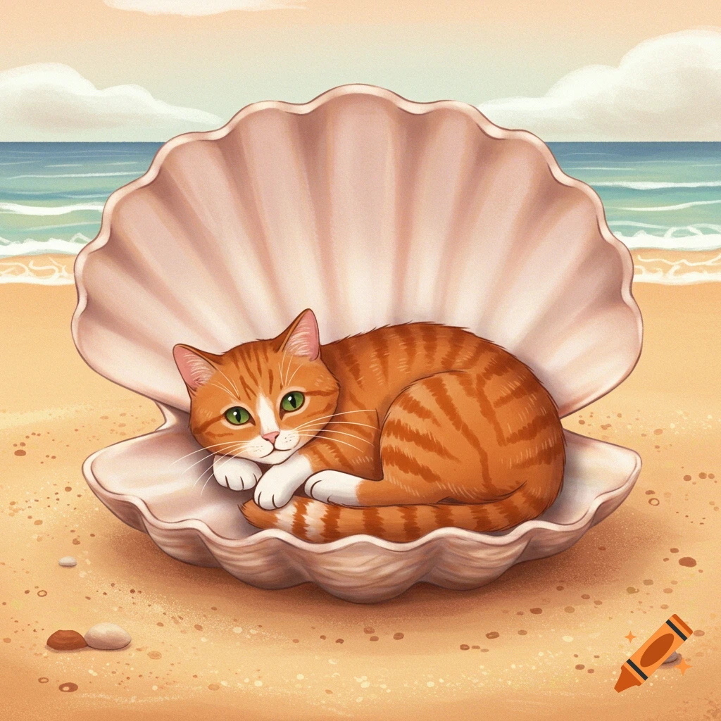 An orange tabby cat curls up in a large seashell on a sandy beach. Illustration style.
