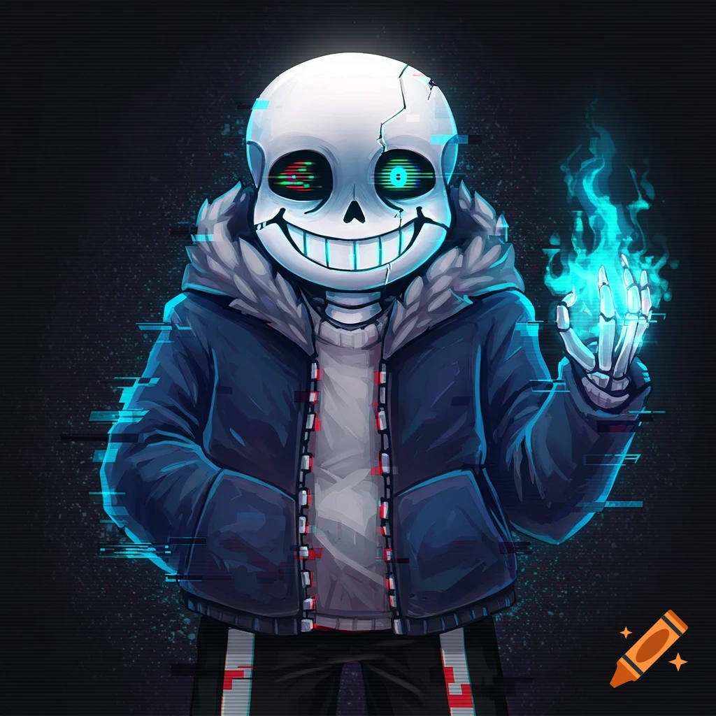 Digital art of Sans from Undertale with blue glowing eyes, a blue flame, and glitch effects.