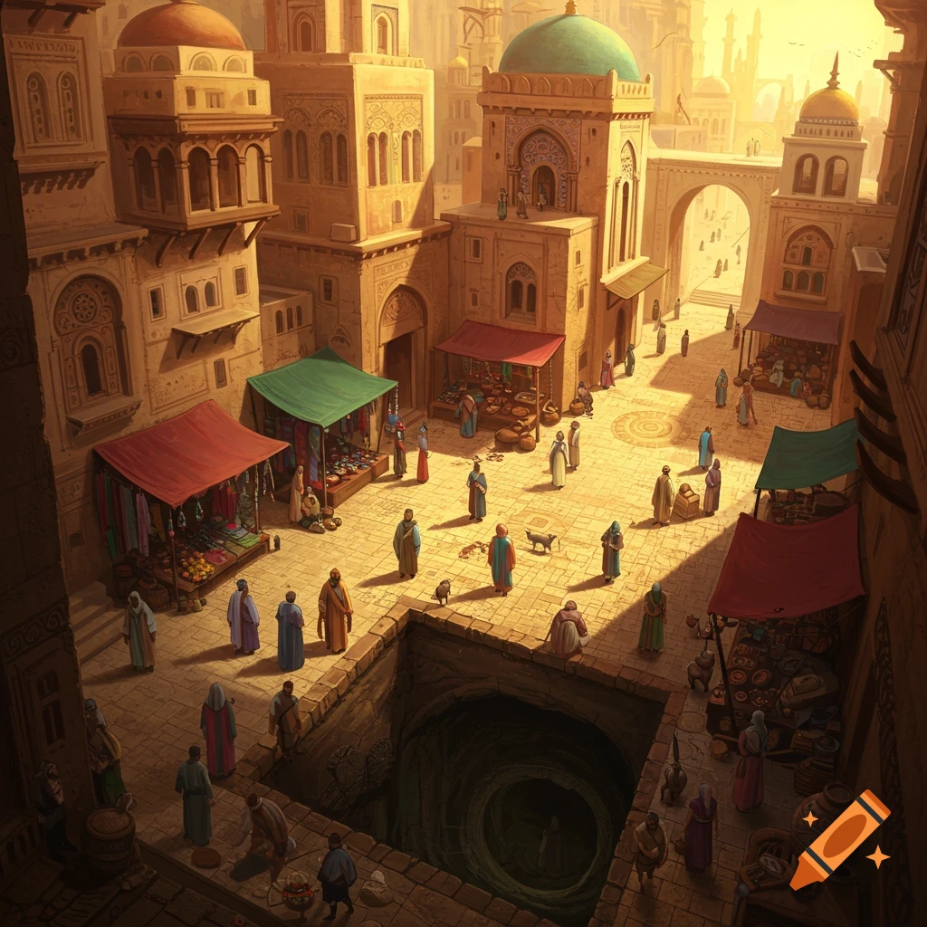 Busy fantasy city marketplace with vendors, shoppers, and a large opening in the ground leading to a cavern.