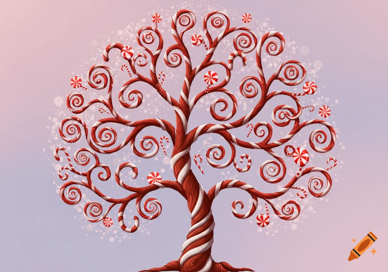 A whimsical tree made of candy canes and peppermints against a soft background.