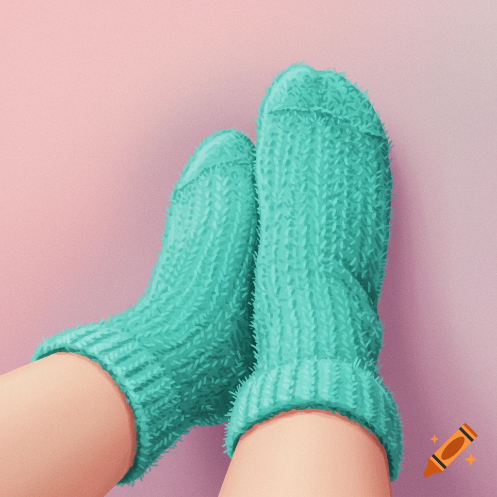 Legs wearing teal fuzzy socks against a pink background, digital art.