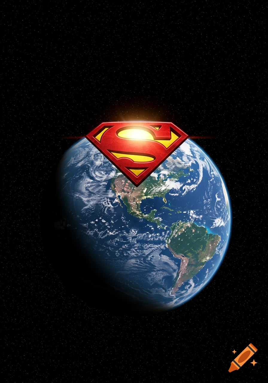The Superman logo floating above Earth viewed from space.