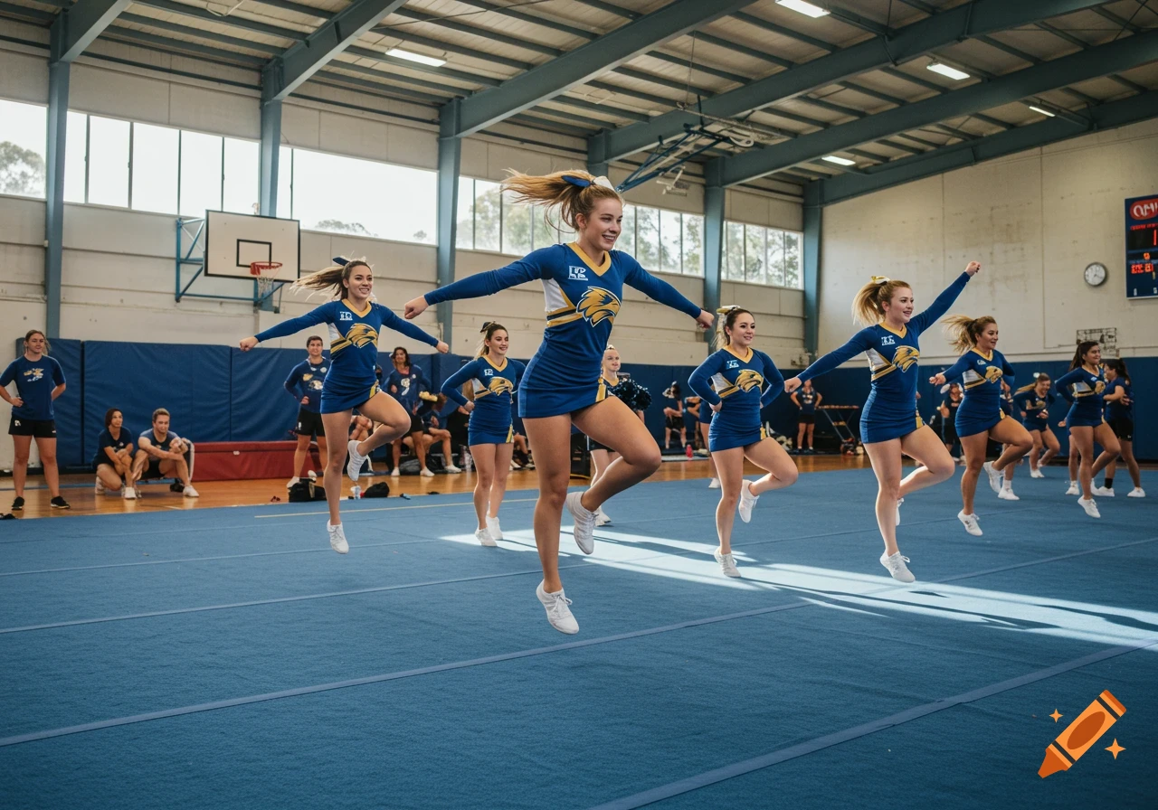 Cheerleaders in blue and gold uniforms training in a gym
