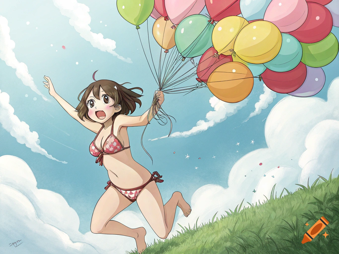 Anime girl in a bikini running up a grassy hill, holding a large bunch of colorful balloons.