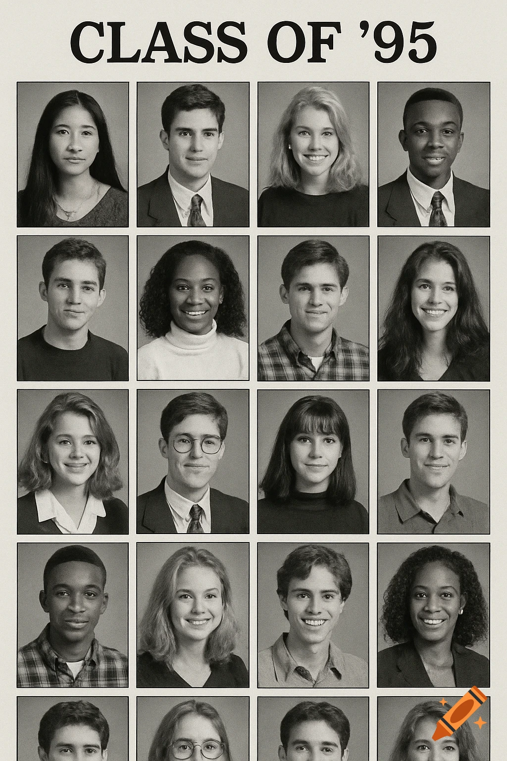 Black and white yearbook page with multiple student portraits and 'CLASS OF '95' header.