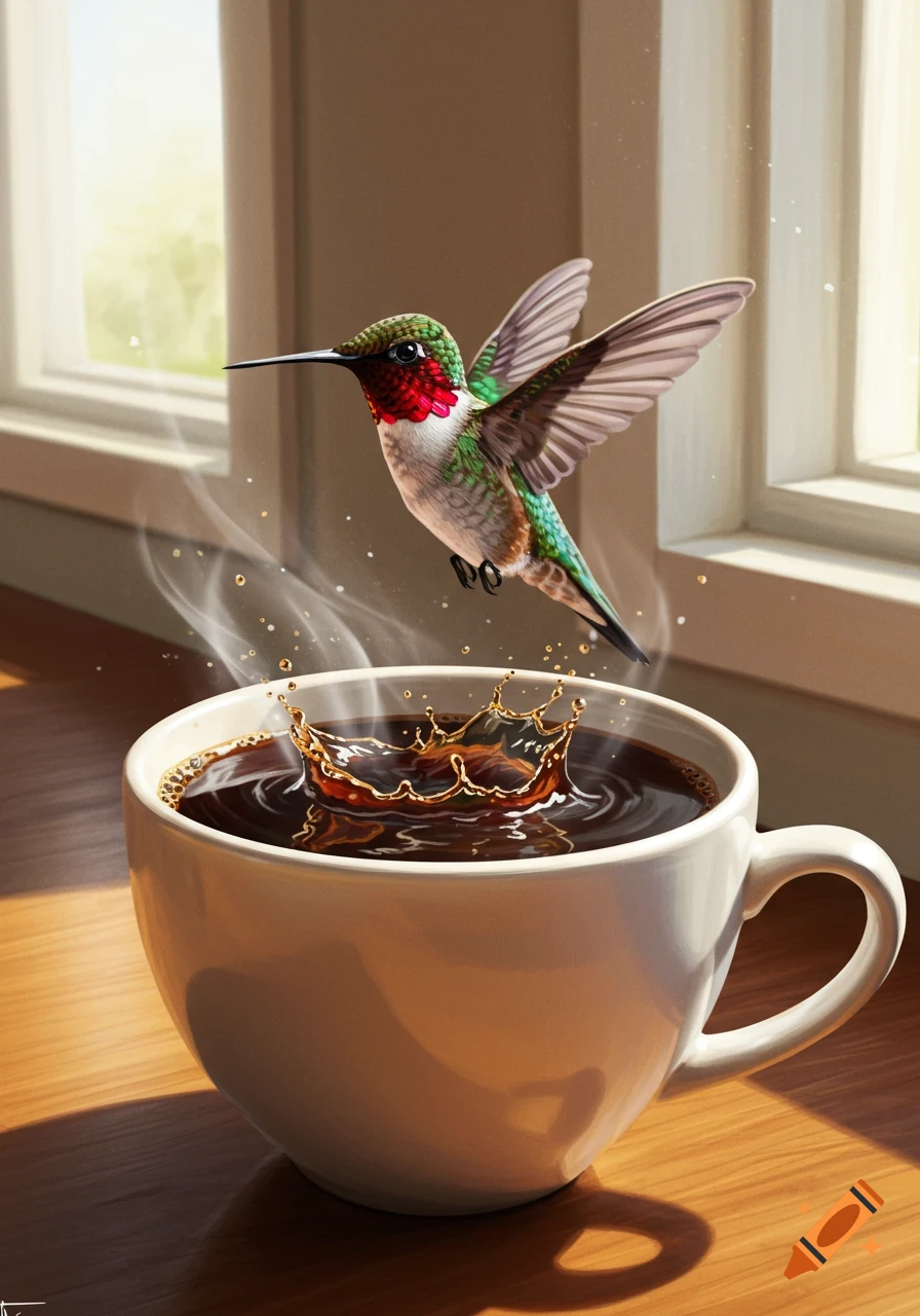 A hummingbird hovers over a coffee cup with a splash, sunlight streams through a window