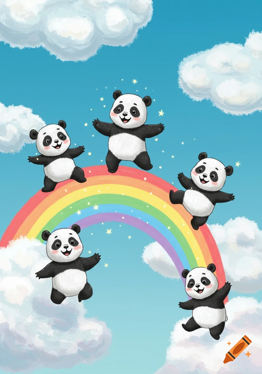 Five cute pandas dancing on a rainbow in a sky with clouds and stars, illustration.