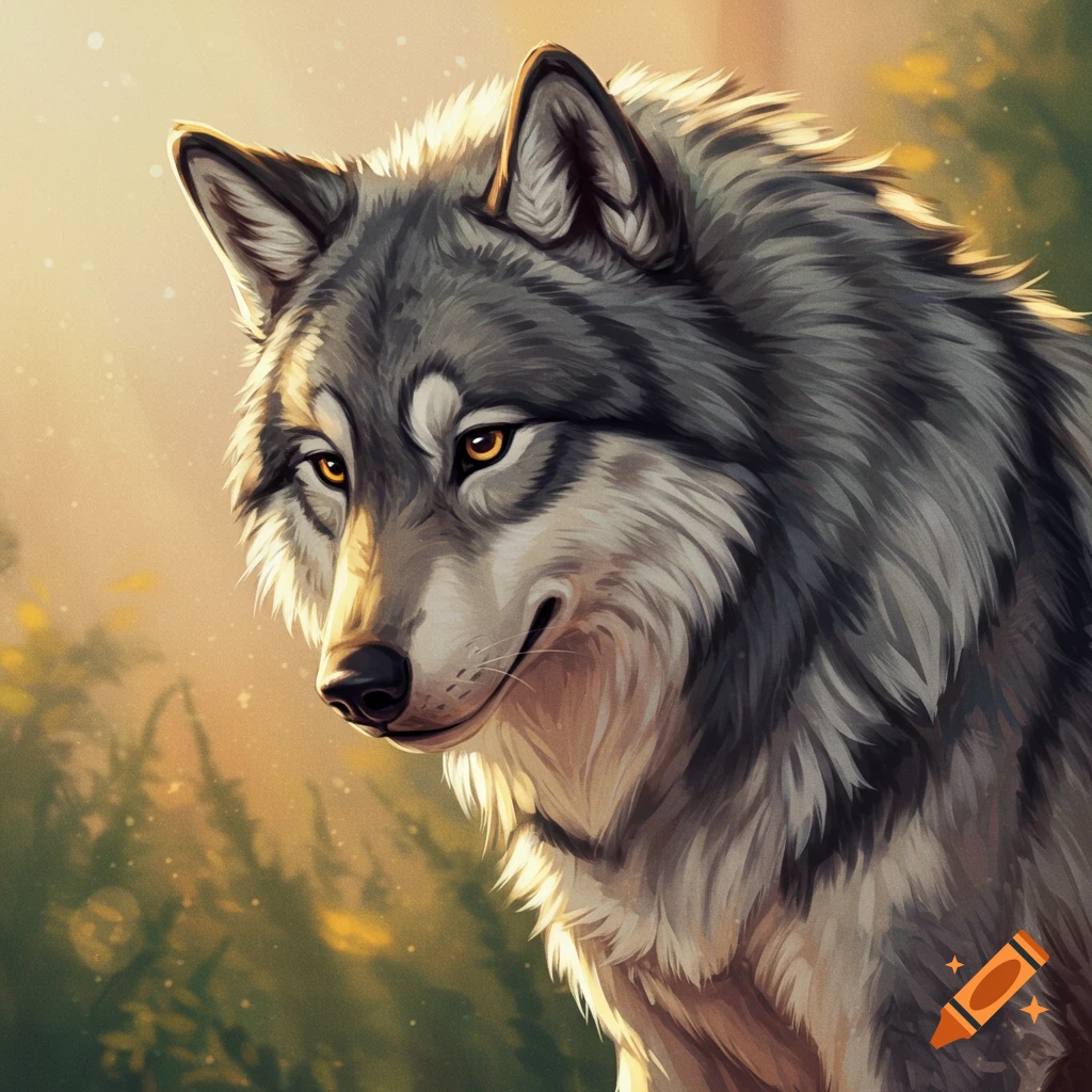 Illustrative portrait of a gray wolf in golden light