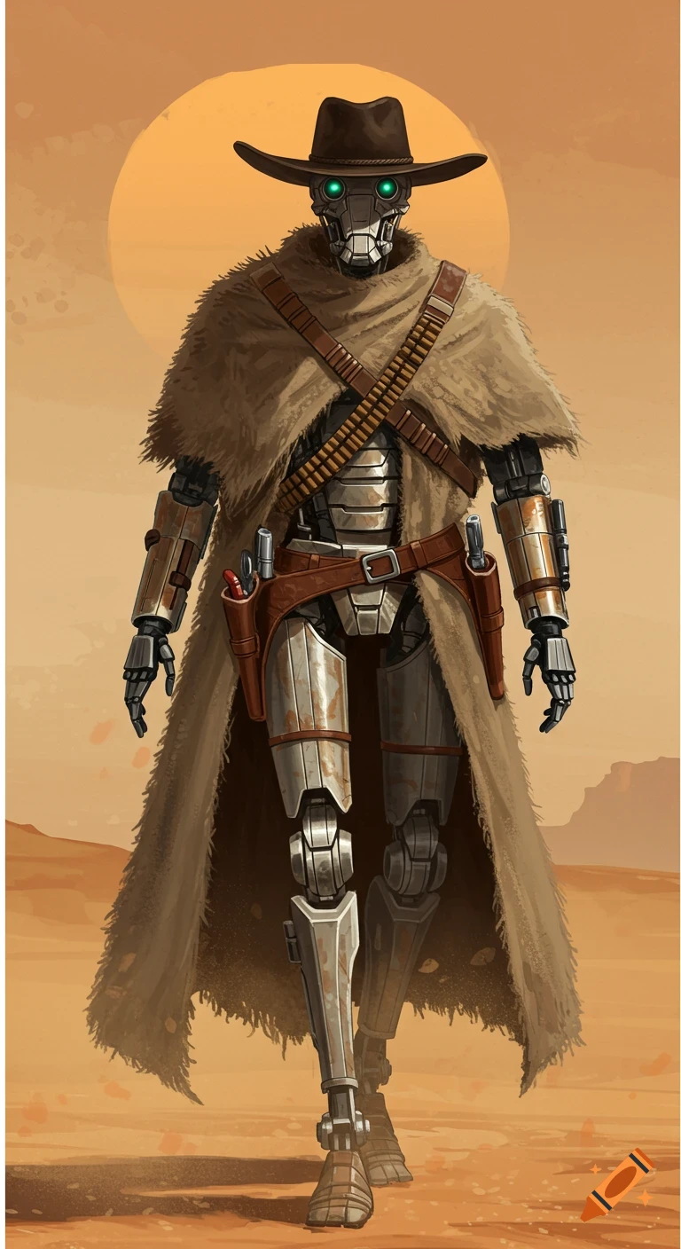 A tall assassin droid wearing a cowboy hat, fur poncho, and bandoliers stands in a desert.