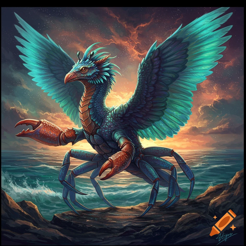 Fantasy creature with wings, crab claws, and legs stands on rocks by the ocean at sunset.