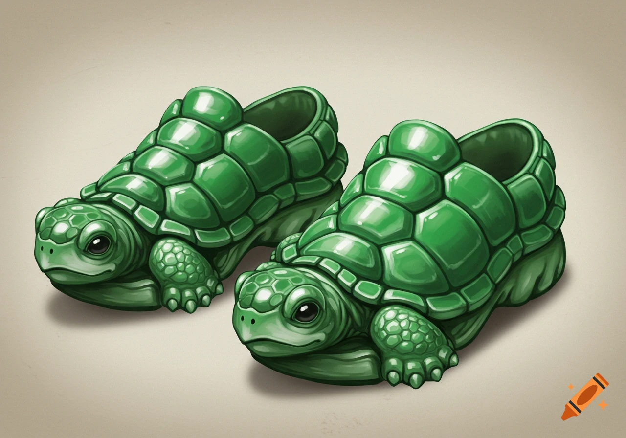A pair of green shoes shaped like turtles, digital illustration.