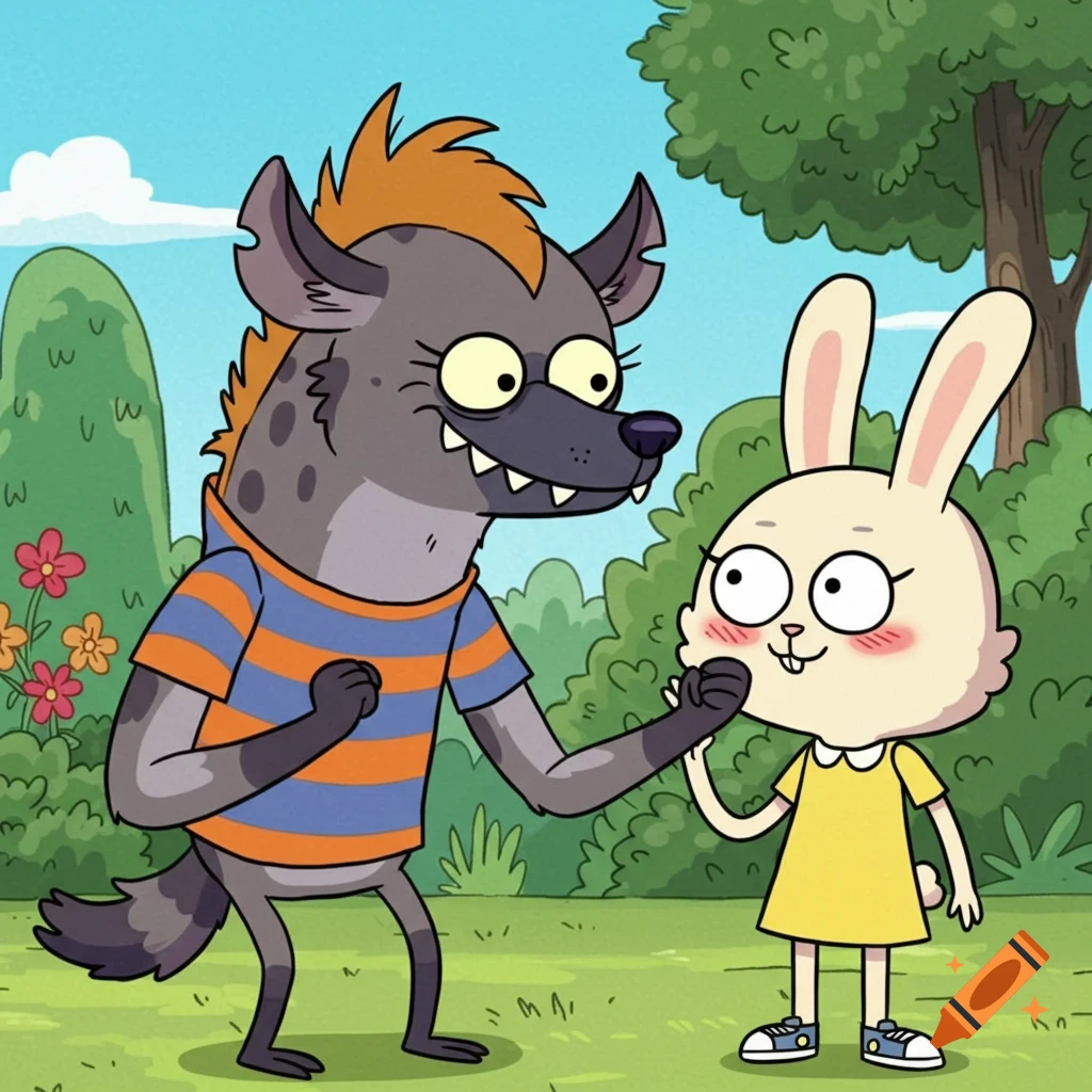 Cartoon image of a hyena talking to a rabbit in a park.