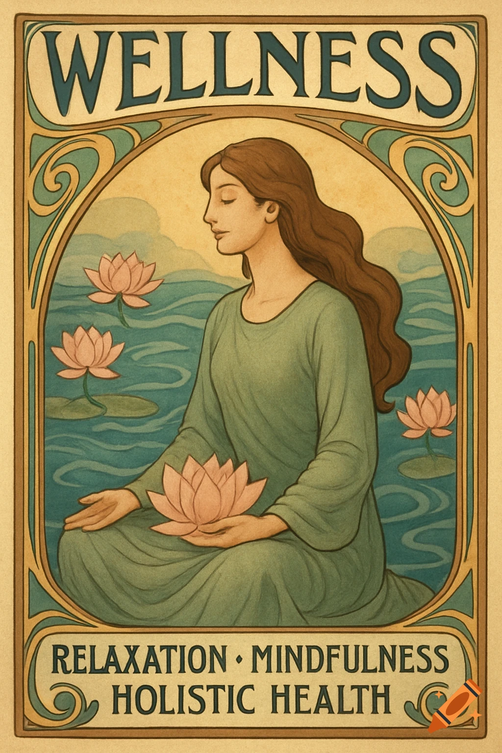 Art Nouveau style poster of a woman meditating by water with lotus flowers, text 'WELLNESS', 'RELAXATION', 'MINDFULNESS', 'HOLISTIC HEALTH'.