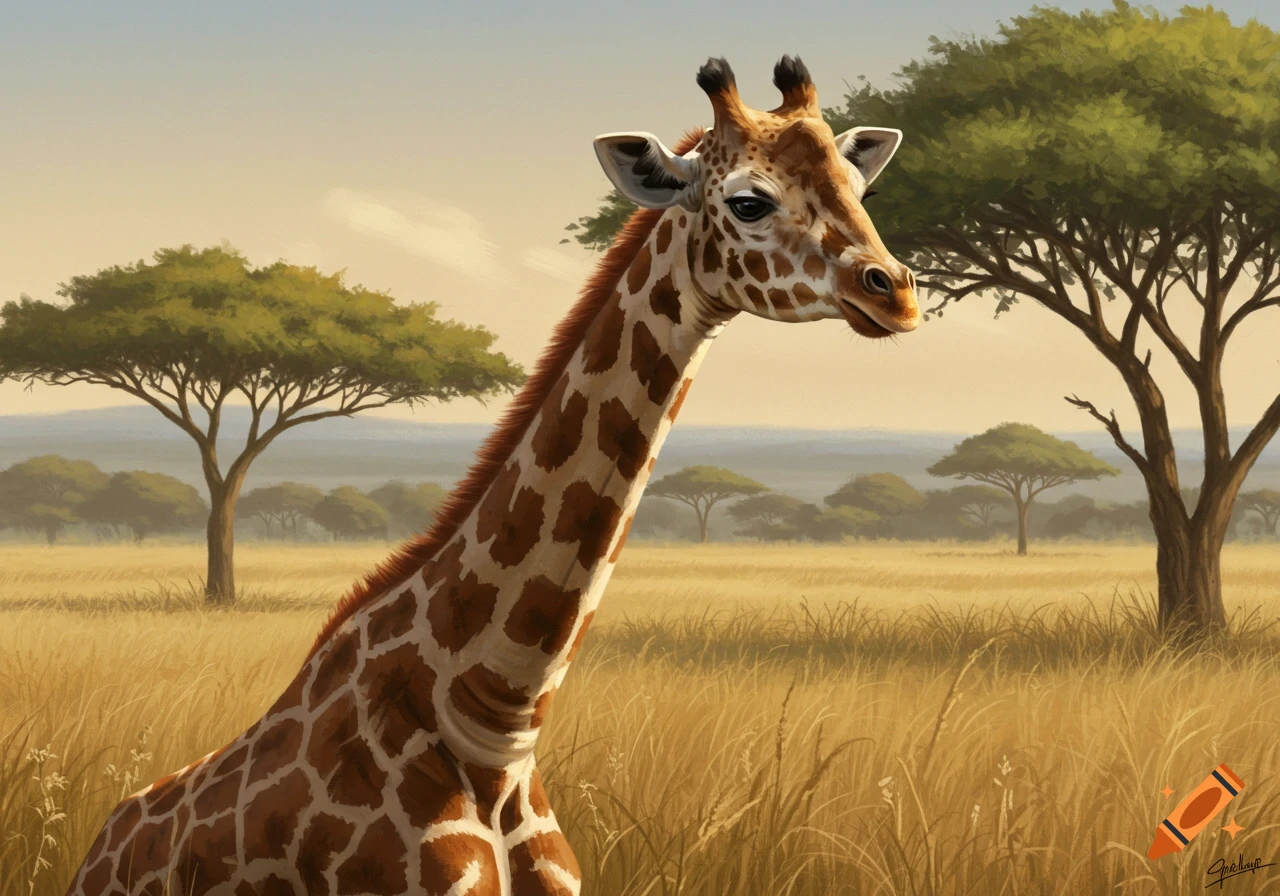 A close-up of a giraffe's head and neck in a grassy savanna landscape with trees.