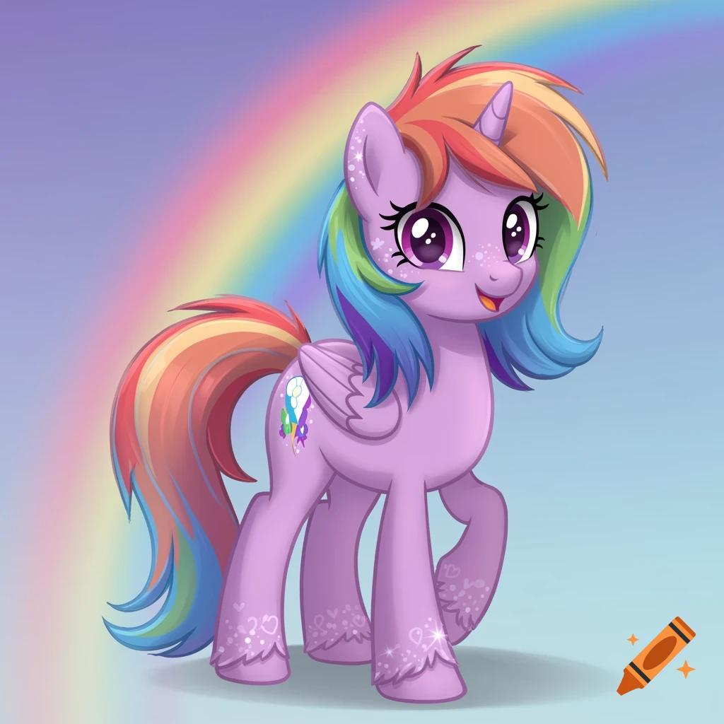 A cartoon pony with a rainbow mane and tail stands in front of a rainbow.