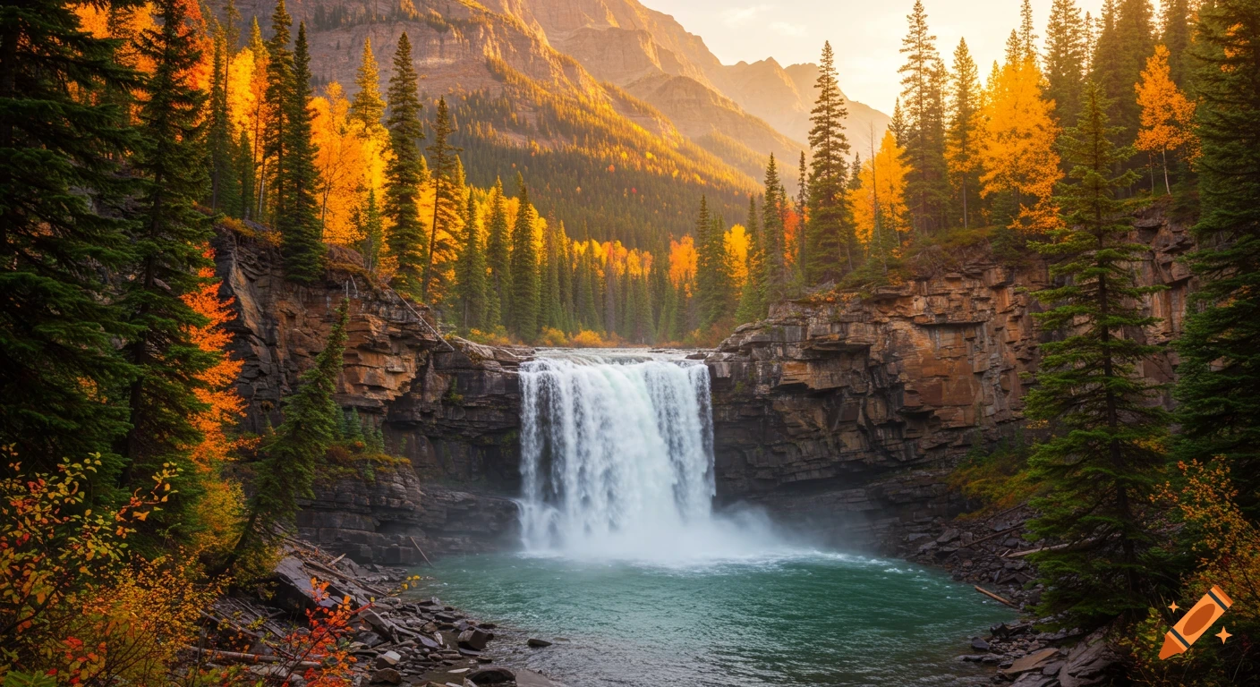 Photorealistic landscape of a waterfall in a forest with autumn trees and mountains under a sunny sky.