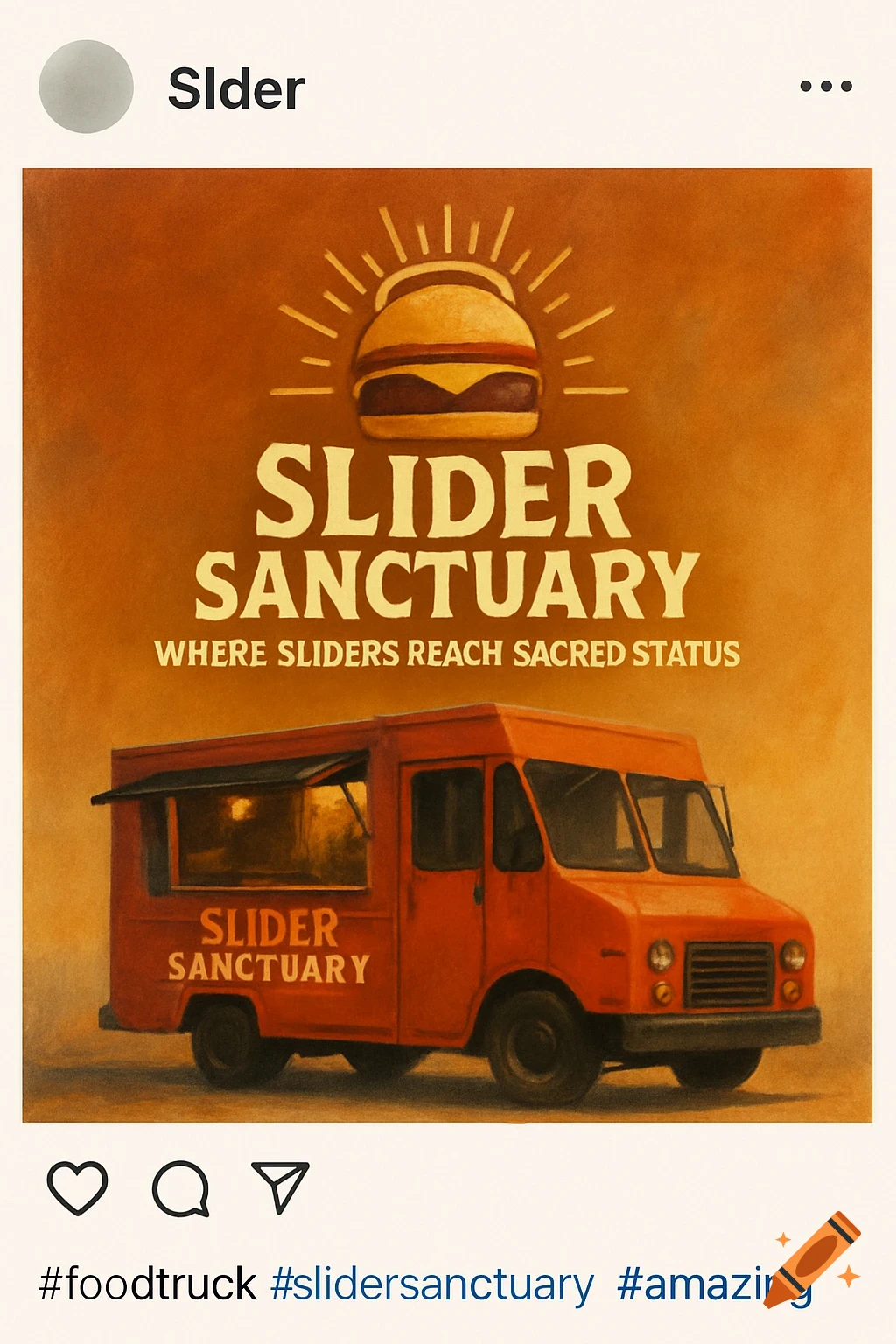 An orange food truck with a logo and slogan is depicted in a poster-like illustration for Slider Sanctuary.