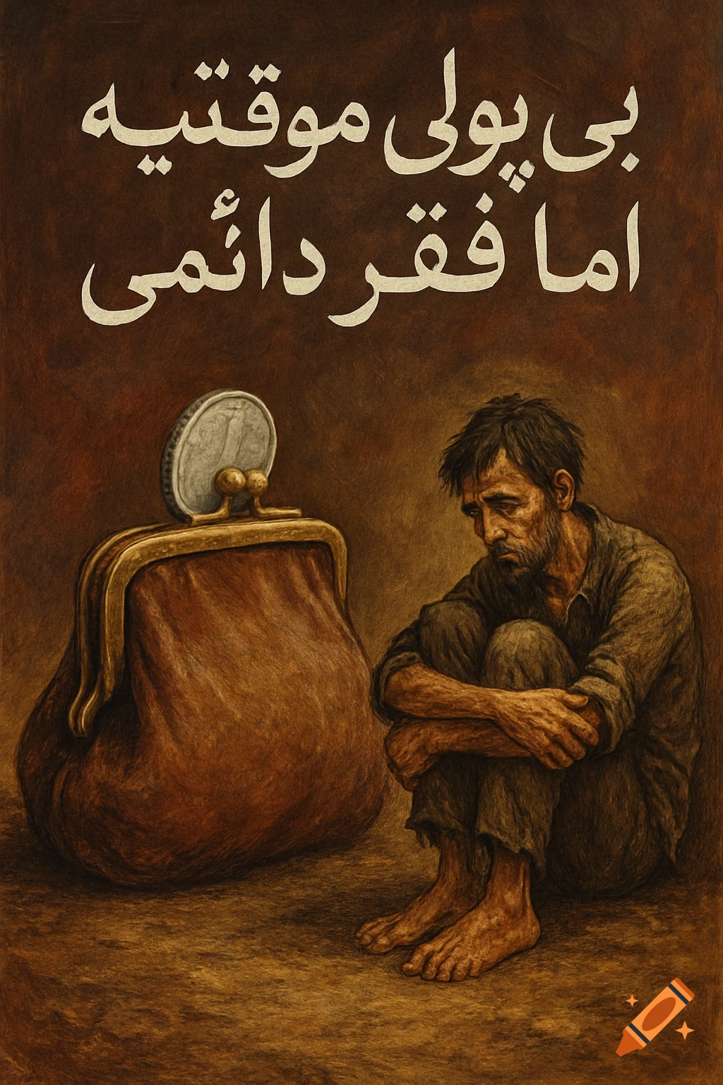 A sad man sits next to a large empty purse with text above him in a painterly style.
