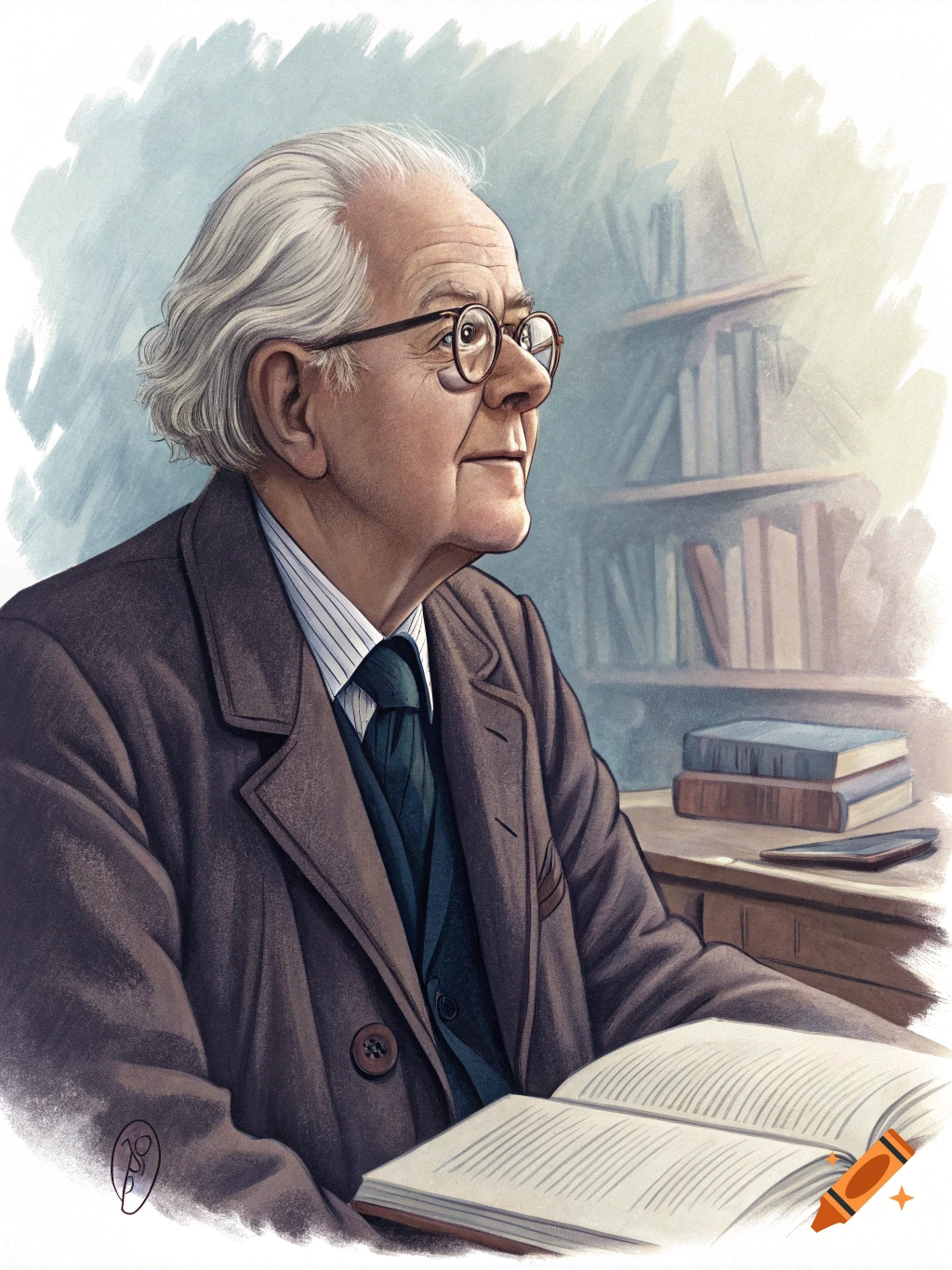 Illustration of an older man with glasses reading a book at a desk in a library.