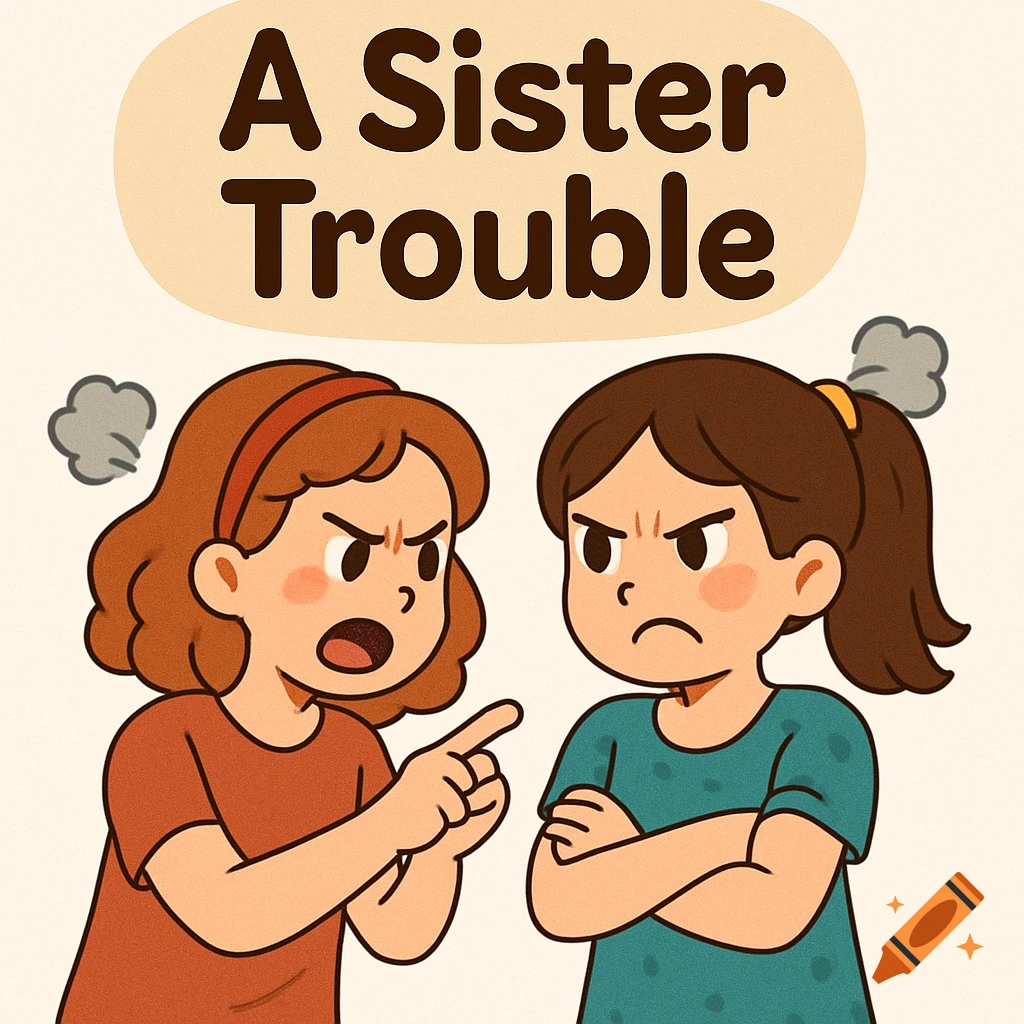 Cartoon illustration of two angry sisters arguing, with the title 'A Sister Trouble' above.