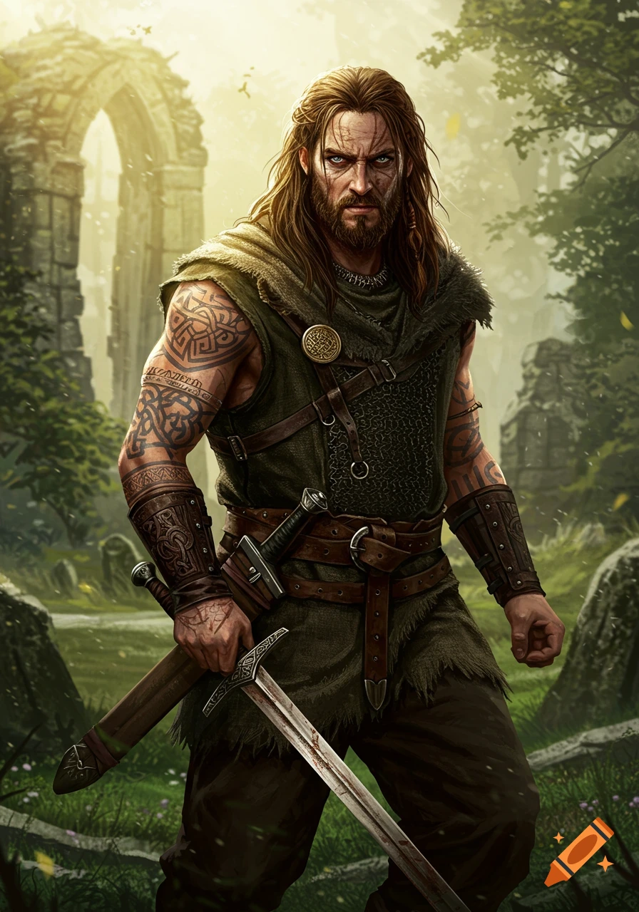 Fantasy illustration of a bearded warrior with tattoos and sword standing in ruins.