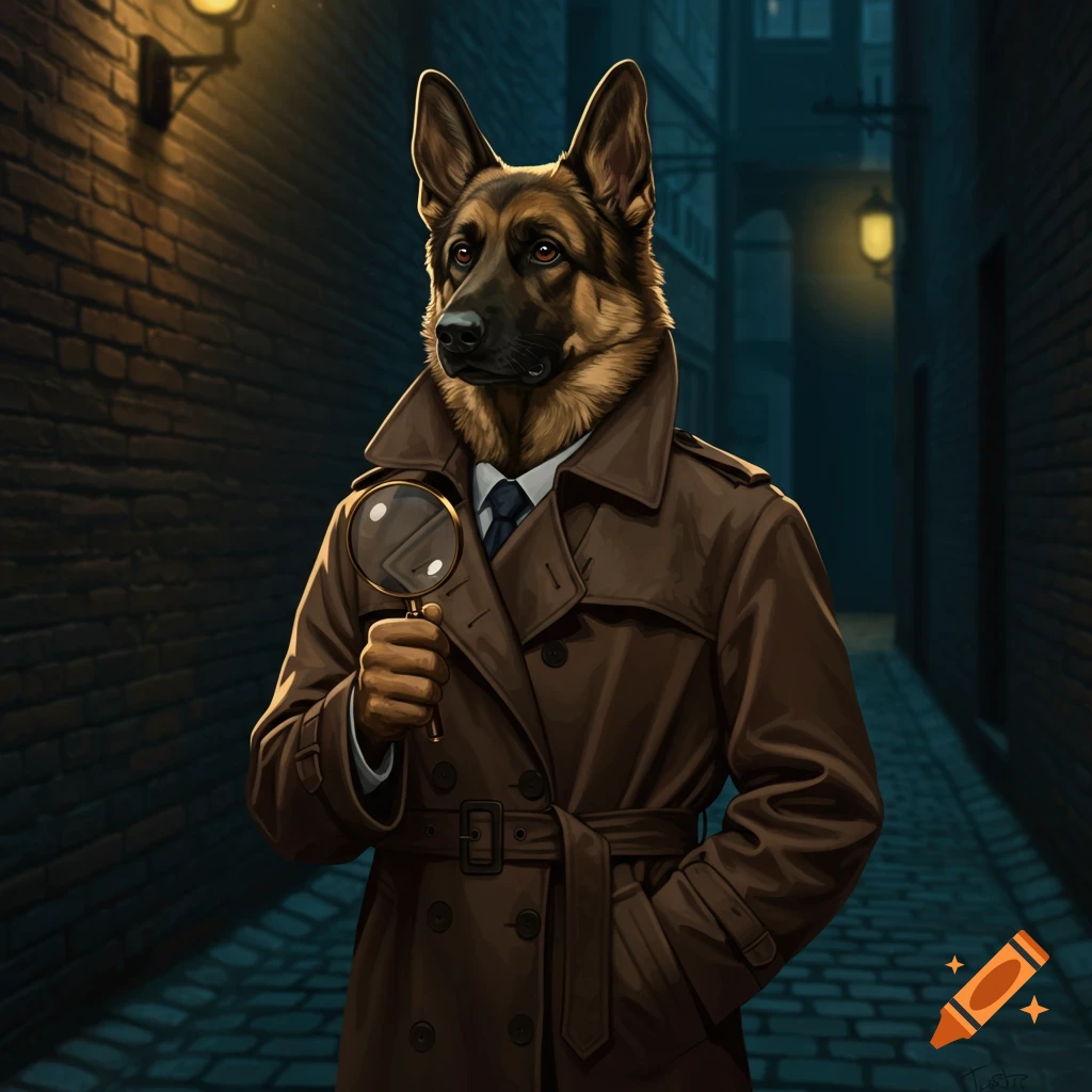A German Shepherd dog dressed in a trench coat and tie, holding a magnifying glass in a dark alley.