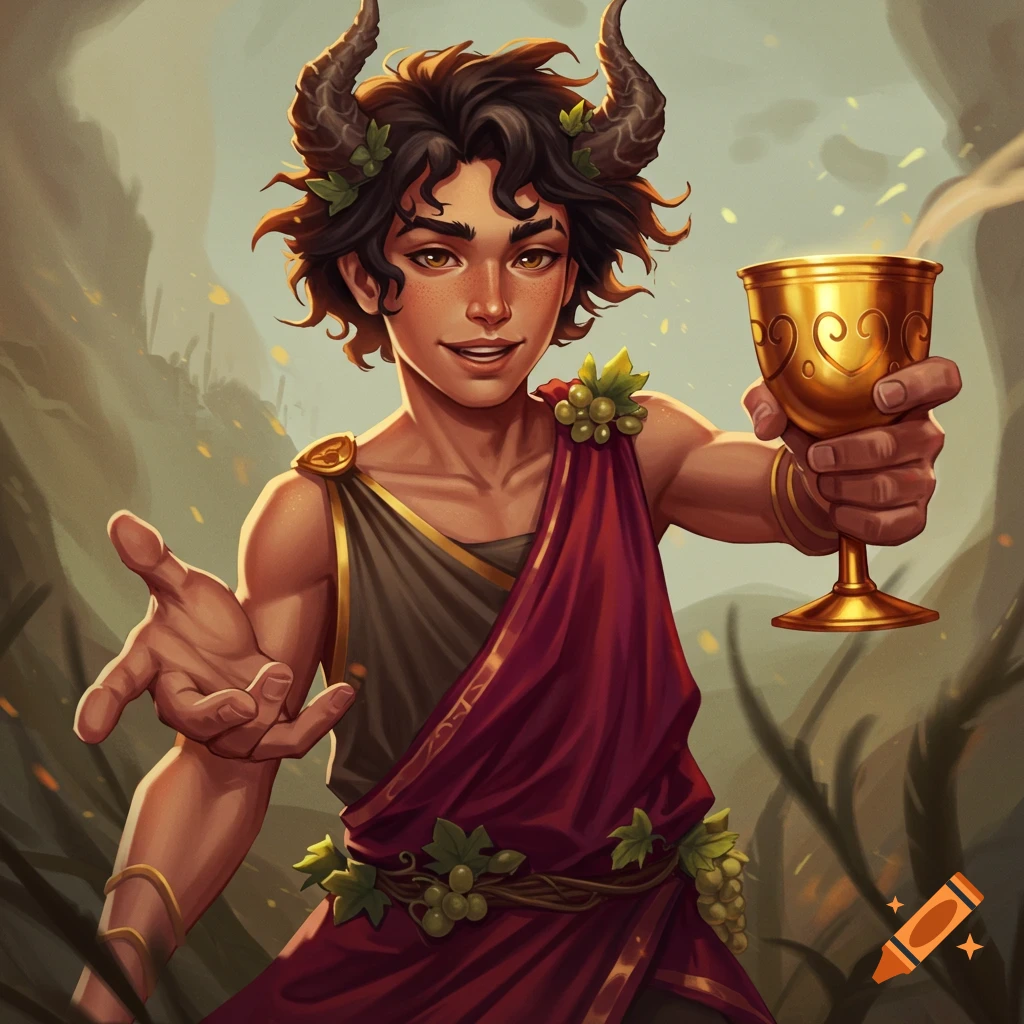 Illustration of a smiling young man with horns and grapes, wearing a toga, holding a golden cup.