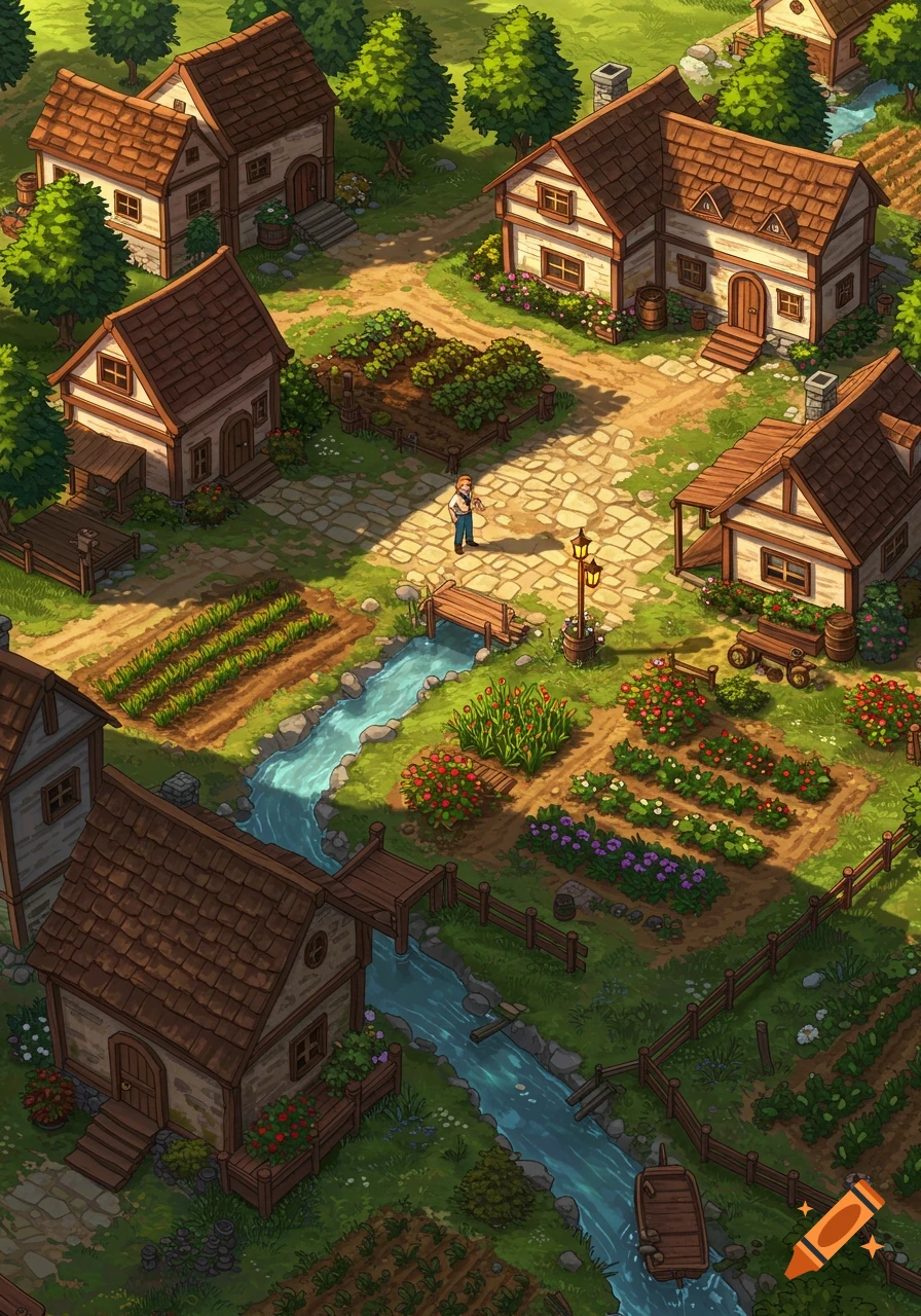 Isometric illustration of a quaint village with houses, crops, a river, and a person, in the style of Stardew Valley.