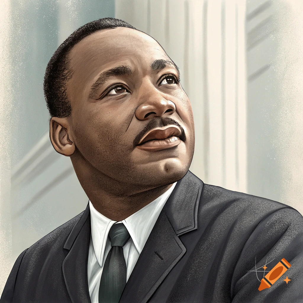 Digital illustration of a man resembling Martin Luther King Jr. with lighter skin, looking up.