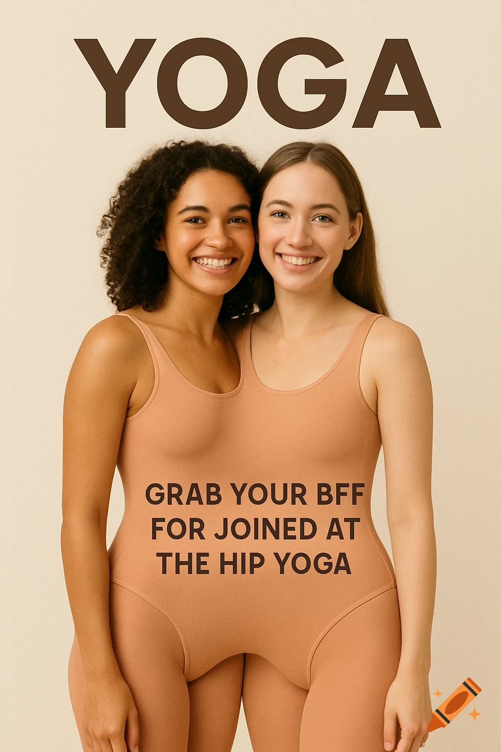 Two smiling women sharing a single leotard in a 'joined at the hip' illusion, with 'YOGA' and 'GRAB YOUR BFF FOR JOINED AT THE HIP YOGA' text.