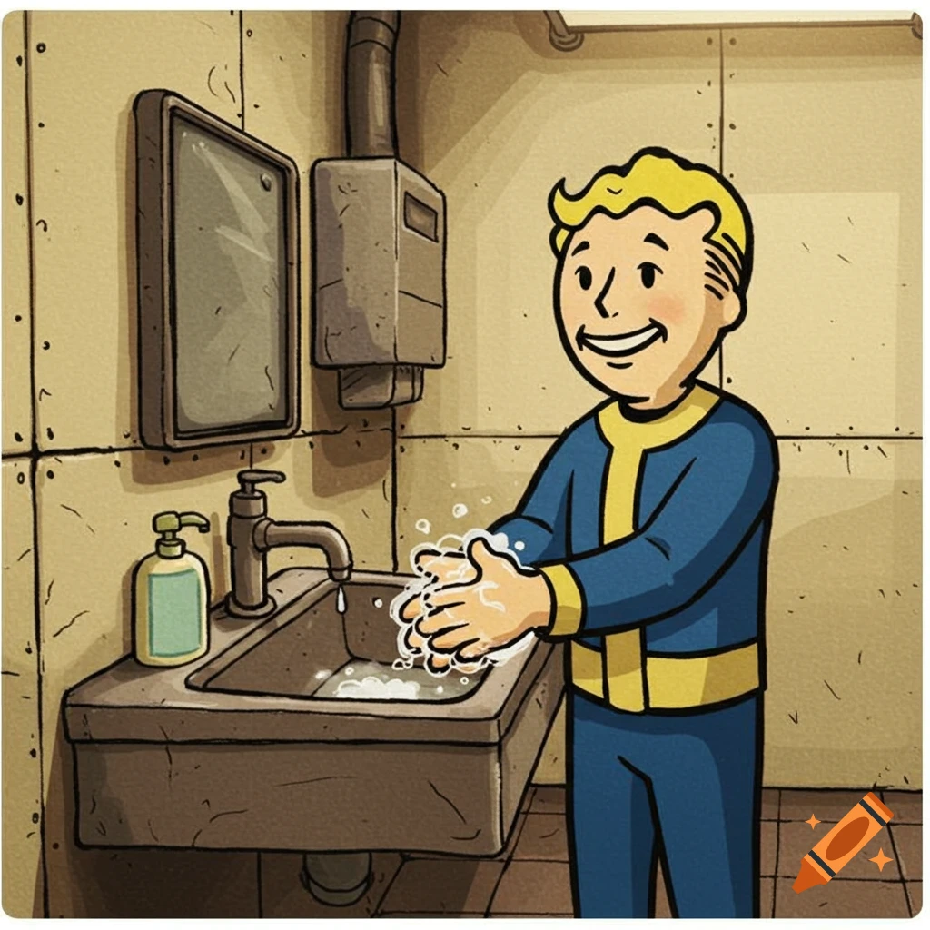 Cartoon style illustration of the Fallout Vault Boy character washing his hands at a sink.