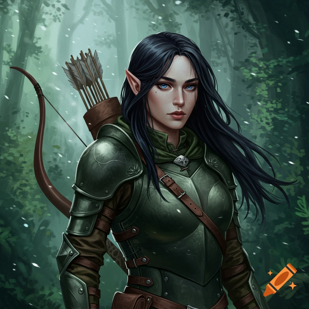 Female elf ranger with bow and quiver in forest