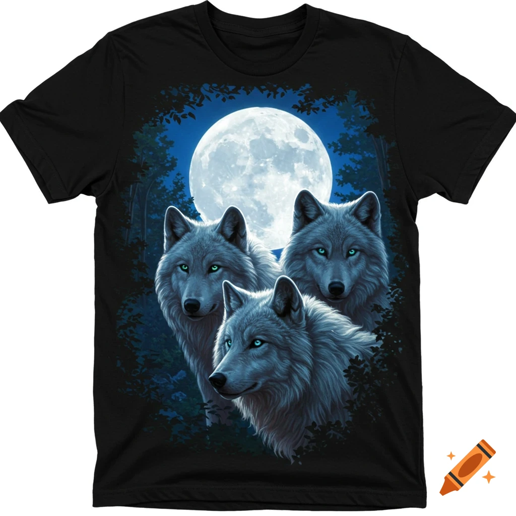 Three grey wolves with green eyes against a full moon and forest background on a black t-shirt.