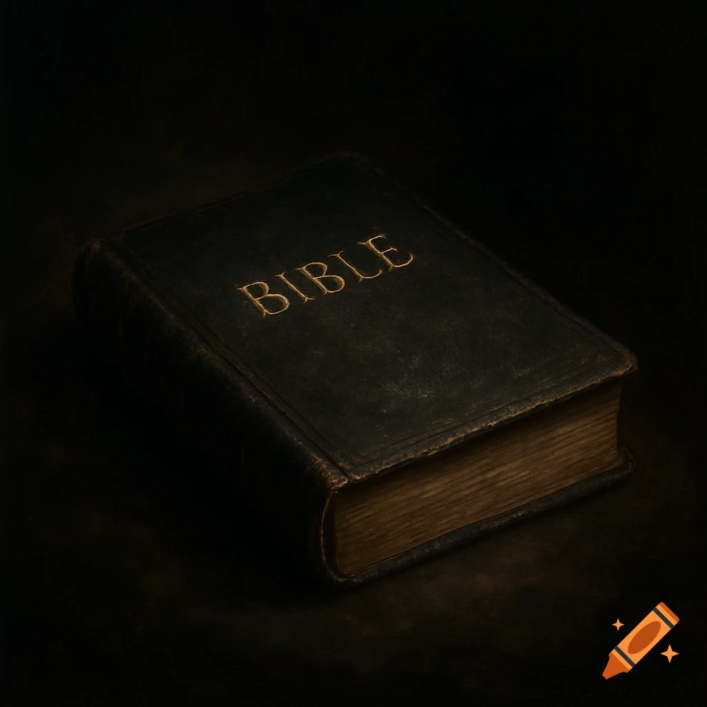 A dark, moody photograph of an antique book with 'BIBLE' embossed on the cover.