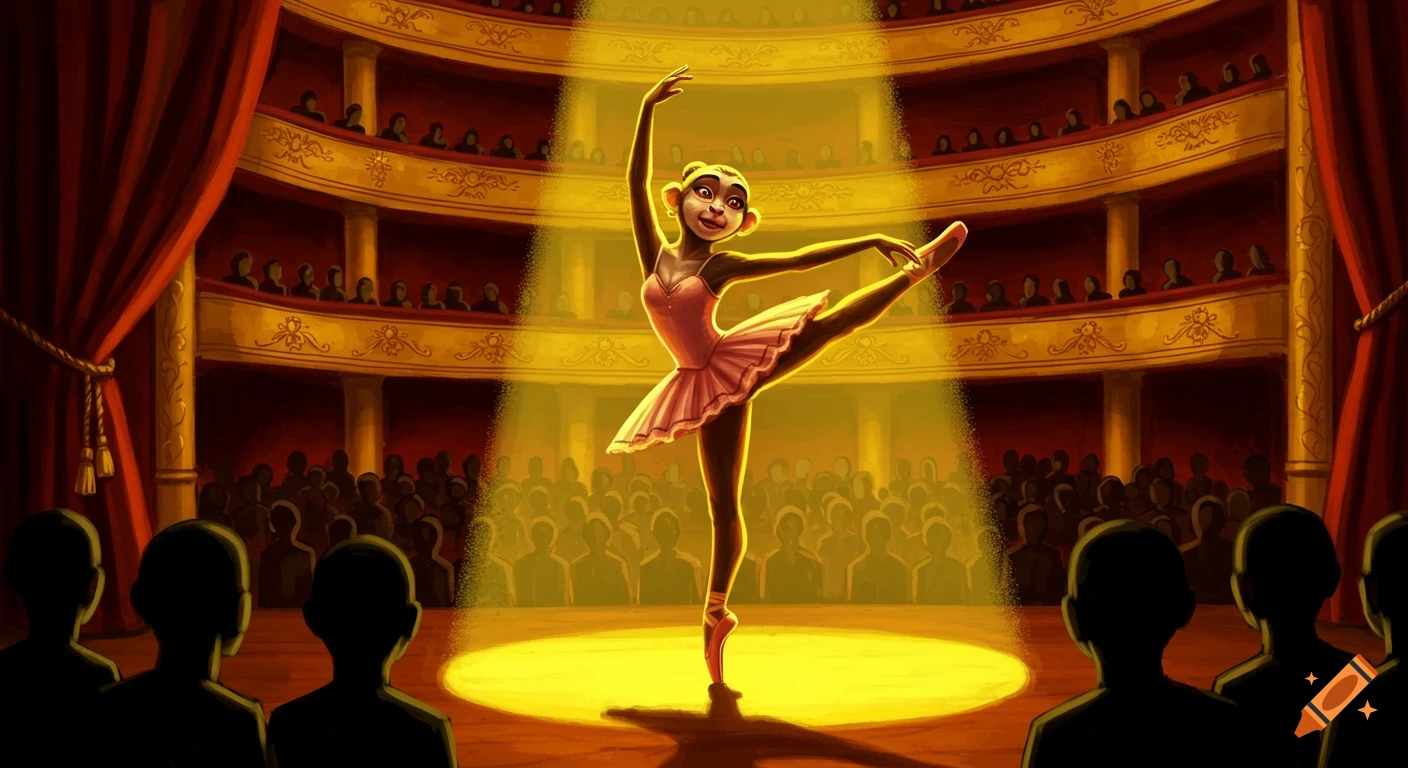 Illustration of a monkey ballerina performing on a theatre stage under a spotlight with an audience