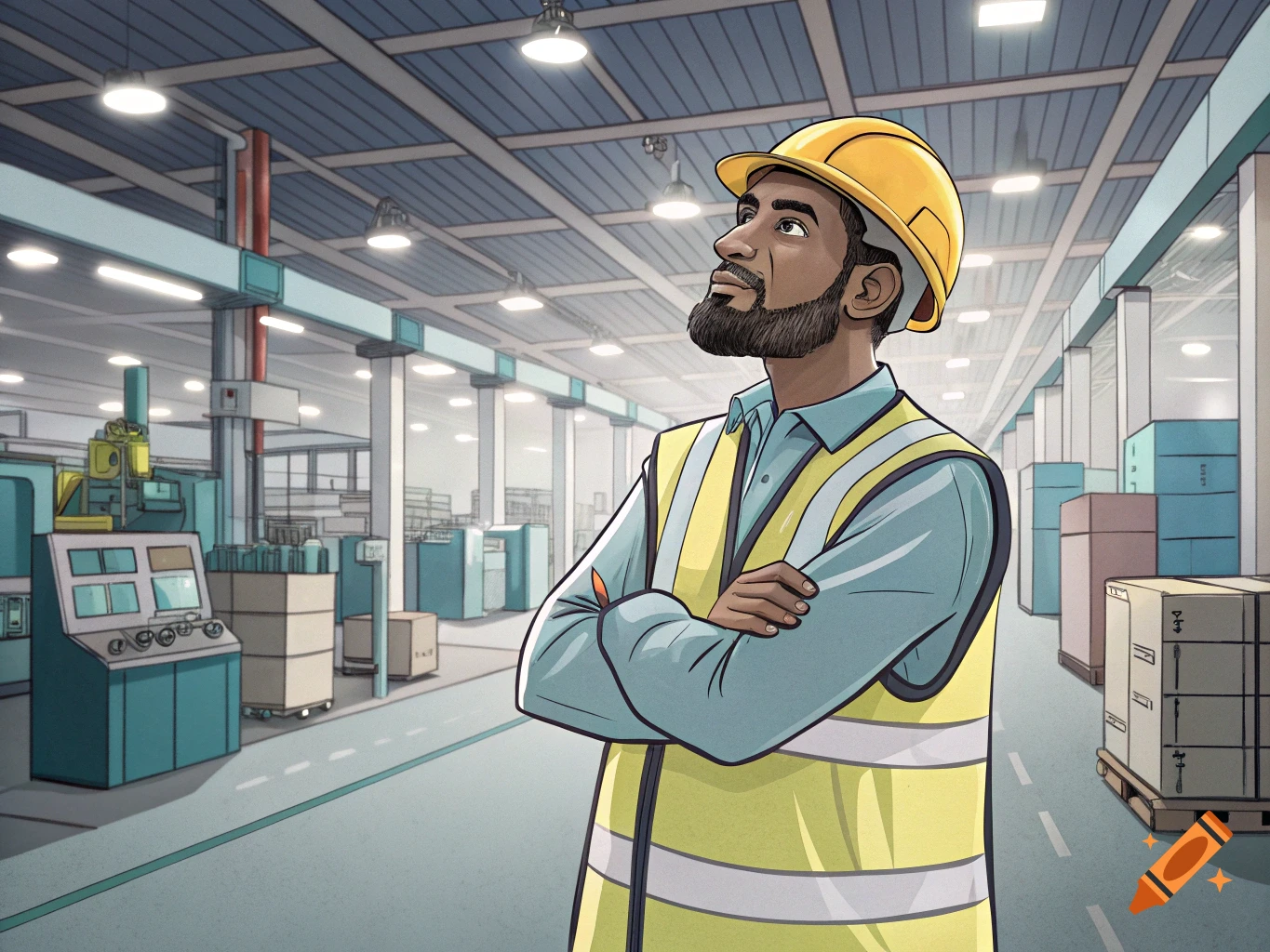 Illustration of a man in a yellow hard hat and safety vest standing with crossed arms in a factory.
