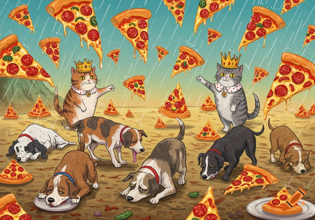 Cartoon illustration of cats with crowns and tired-looking dogs in a pizza rain.