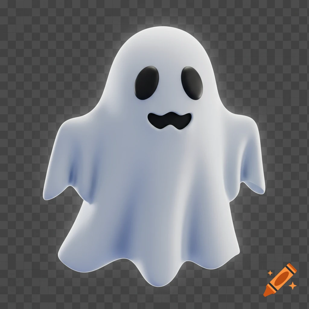 A 3D rendered cartoon ghost with black eyes and mouth on a transparent background.