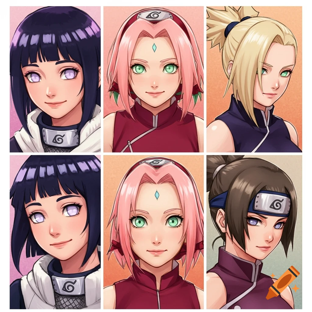 Six anime portraits of female characters from Naruto