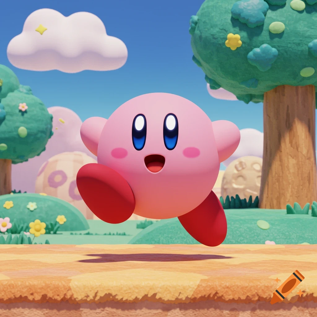 Pink cartoon character Kirby runs on a grassy path in a bright landscape