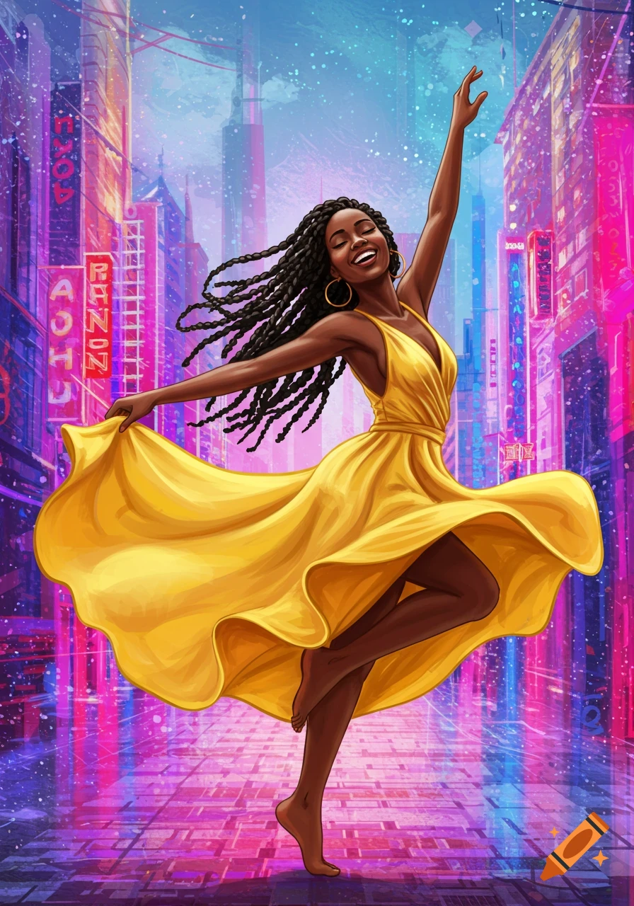 Illustration of a black woman dancing joyfully in a vibrant, neon-lit city street.
