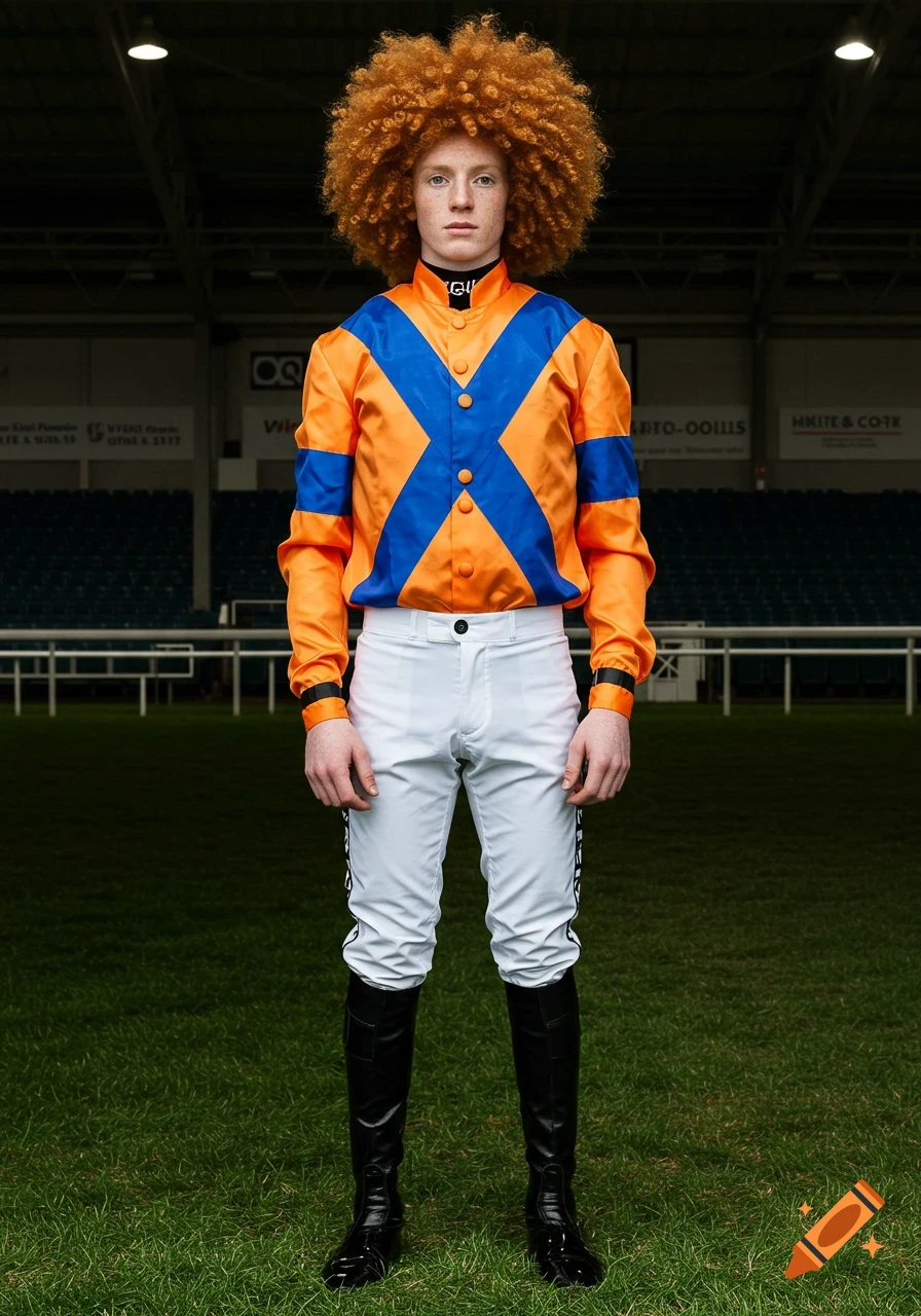 Young male jockey with curly red hair in orange and blue silks on a racecourse. Photorealistic.