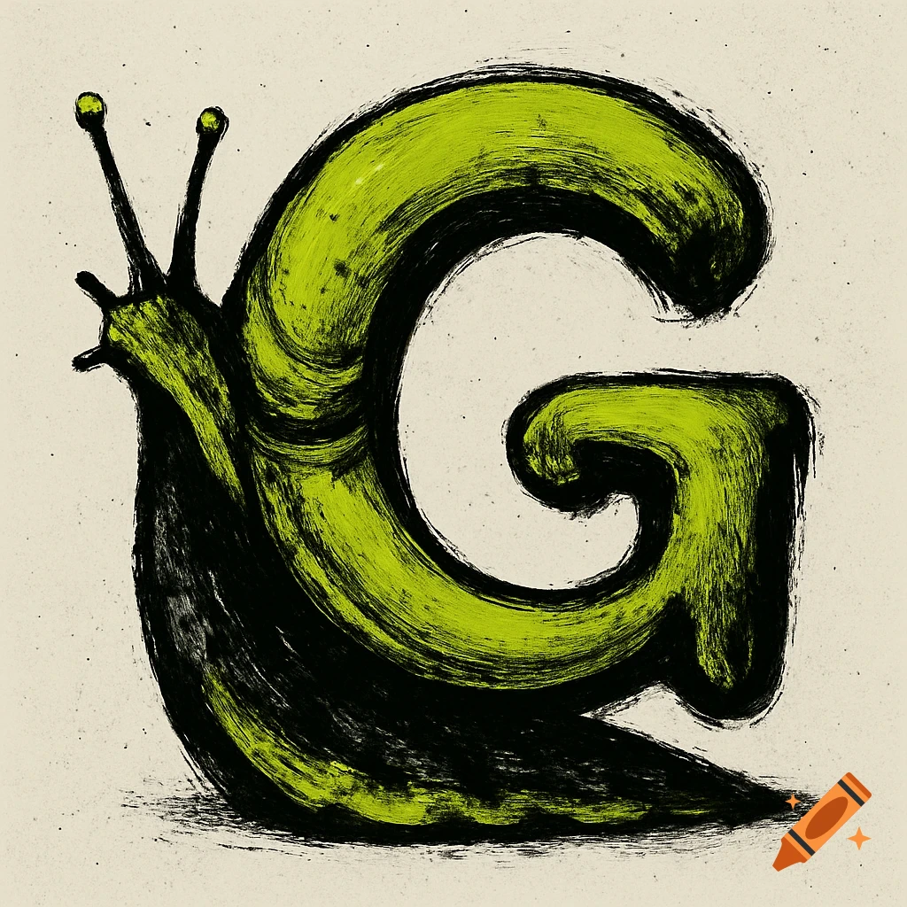Illustration of a snail shaped like the letter G, in black and lime green grunge style.