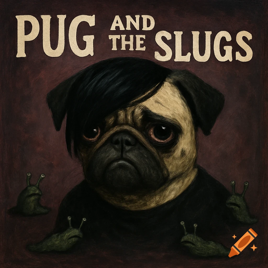 Painting of a sad pug with dark emo hair surrounded by slugs and the title Pug and the Slugs.