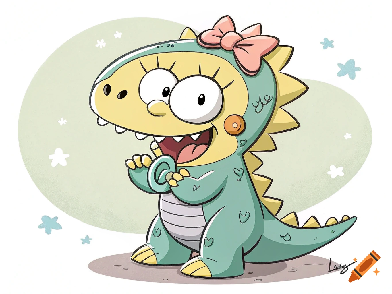 Cute cartoon dinosaur in a costume, with a Maggie Simpson-like face and pink bow, holding a rattle.