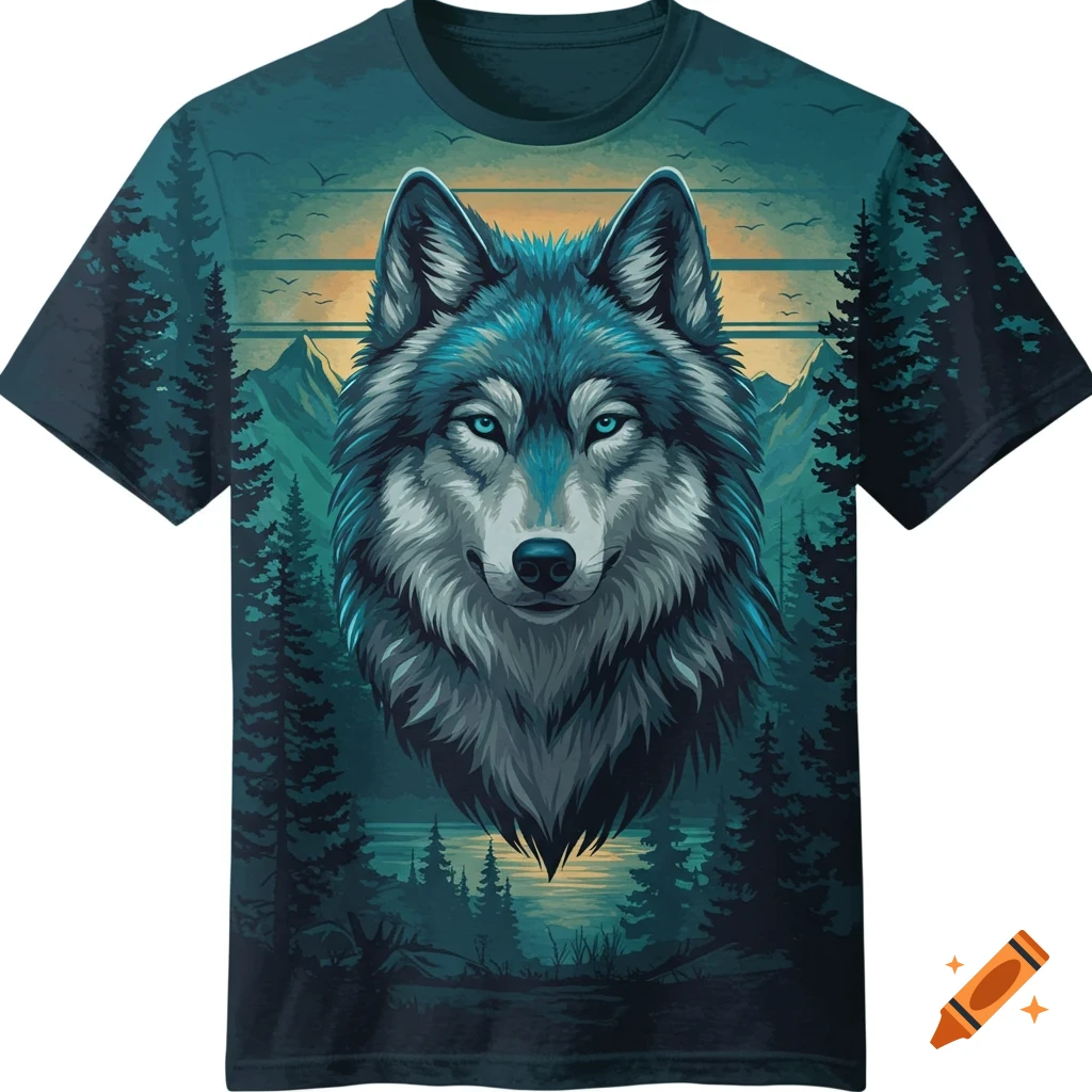 Graphic design of a wolf head in a forest on a t-shirt