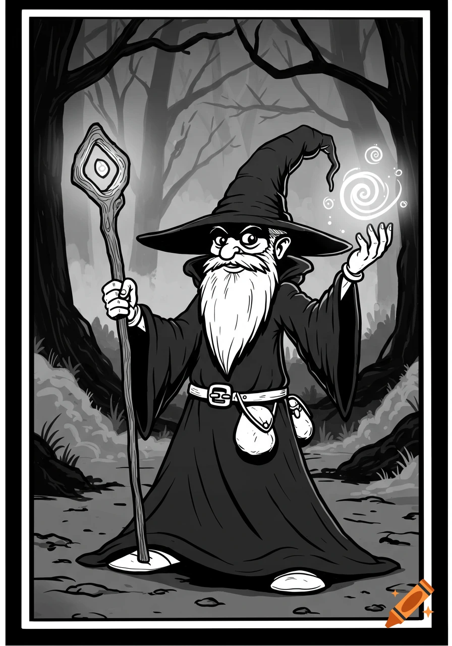 A cartoon wizard in black robes stands in a forest holding a staff and casting magic, in black and white.