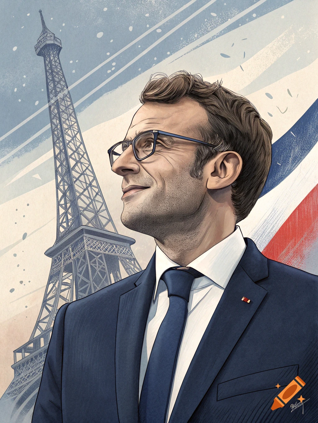 Illustration of Emmanuel Macron in a suit smiling, with the Eiffel Tower and a French flag behind him