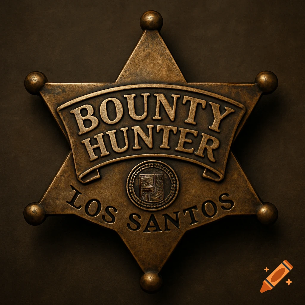 A detailed bronze bounty hunter badge with 'BOUNTY HUNTER' and 'LOS SANTOS' text.